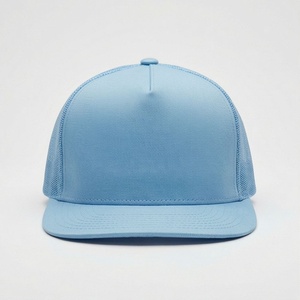 Light Blue Mesh Trucker Cap 6-Panel Adjustable <b>Flat</b> Brim Unisex Casual <b>Hat</b> Spring Summer Wear - Product Image 1