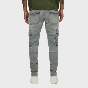 High Demand Men Slim Fit Denim <b>Cargo</b> Pants Grey Stone Washed <b>Stretch</b> Jeans Skinny <b>Cargo</b> Trousers Flap Side Pockets Streetwear - Product Image 2
