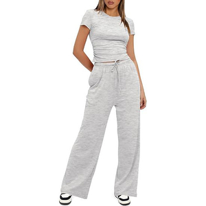 Camisetas de Algodón de Manga Corta con Logotipo Personalizado, Corte Ajustado, para Gimnasio, y Pantalones de Yoga Anchos con Dobladillo, de Moda, de Alta Calidad - Product Image 6