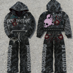 ชุดเซ็ตเสื้อฮู้ดดี้และกางเกงวอร์มประดับเพชรเทียม ลวดลายพิมพ์นูนแบบฟอกสีสไตล์วินเทจ - Product Image 3