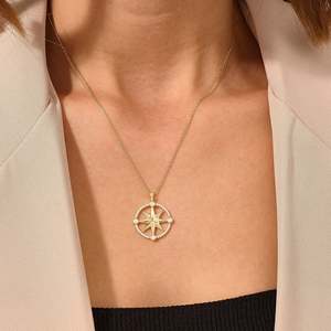 Yellow Gold <b>Compass</b> Star Lab Grown Diamond Round Brilliant Cut Luxury Pendant <b>Necklace</b> - Product Image 4