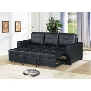 Sofá Seccional Convertible Tapizado en Cuero Sintético Negro con Cama Extraíble para Sala de Estar - Product Image 2