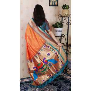 Sari de Seda Paithani Bandhani Naranja con Bordado Zari, Chal y Bufanda Tradicional India - Product Image 3