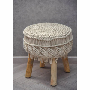 Beige Cotton Handmade Round Macrame Covered <b>Ottoman</b> <b>Stool</b> with Wooden Legs Boho Footrest Pouf for Living Room Hotel Cafe Decor - Product Image 2