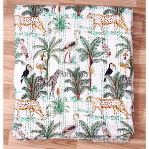 Couvre-lit indien fait main Kantha, 100% coton, imprimé à la main, motif animalier, poids du tissu 220g, origine Rajasthan - Product Image 6