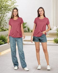 T-shirt asymétrique en tricot pour femme, manches courtes, col rond, coupe ample, couleur unie, respirant, haut pour le printemps et l'été - Product Image 2
