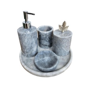 Ensemble de salle de bain élégant en marbre, quatre pièces, porte-savon rond, porte-brosse à dents, distributeur de savon, facile à nettoyer - Product Image 1
