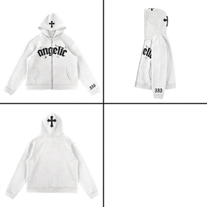 Sweat à capuche zippé unisexe en coton blanc, coupe classique, imprimé avant, logo croix 333, style gothique angélique personnalisé - Product Image 4