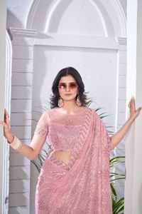 Pink Embroidered <b>Saree</b> <b>Women</b> Traditional Floor-Length Party Wear Indian Pakistani Style Polyester Stretchable Regular Fit - Product Image 2