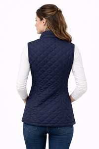 Chaleco acolchado sin mangas para mujer, azul marino, con diseño de rombos, ligero, con cierre de cremallera y bolsillos con solapa de botón. - Product Image 2