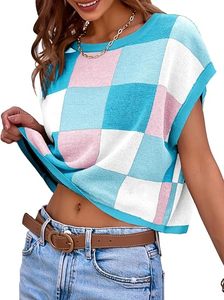 SAJZA Gilet court sans manches décontracté pour femme, respirant, en jacquard à carreaux, fin, d'été, tricoté, color block, col rond - Product Image 4