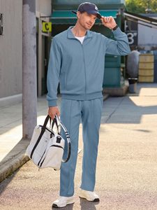 Ensemble de survêtement décontracté 2 pièces pour homme, bleu clair, hiver, avec fermeture éclair intégrale, col montant, couleur unie, respirant, en polyester - Product Image 2