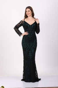 Elegant Black & Teal Off-Shoulder <b>Sequin</b> Maxi Gown Women's Black & Teal V-Neck Cold-Shoulder <b>Sequin</b> Evening Gown with Long - Product Image 3