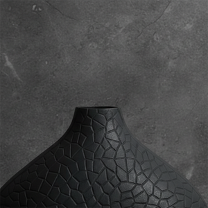 Modern Matte <b>Black</b> Metal Flower <b>Vase</b> Featuring A Wide Domed Body <b>Small</b> Neck And Detailed Geometric Mosaic Texture Pattern - Product Image 3