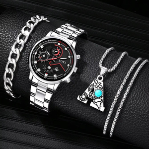 Reloj de pulsera para hombre 192060 de acero inoxidable con calendario y cuarzo, y juego de joyería de collar y pulsera con detalles de letras (2 piezas) - Product Image 1