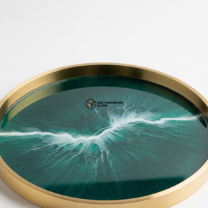 Luxury Emerald Green Resin Serving <b>Tray</b> with Gold Rim | Handmade <b>Round</b> Epoxy <b>Tray</b> | Modern Decorative Coffee <b>Table</b> <b>Tray</b> - Product Image 2