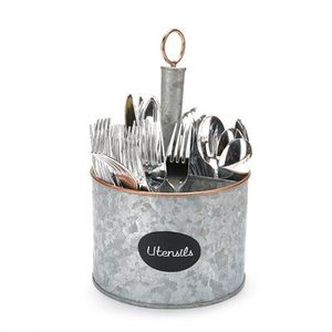 Organisateur de couverts et ustensiles en métal galvanisé style ferme avec poignée en bois, 4 compartiments, support de comptoir de cuisine rustique - Product Image 3