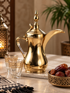 Cafetière en métal de style moyen-oriental avec finition dorée et design orné, résistante à la chaleur, Alabanza Enterprises, pour la préparation du thé - Product Image 1