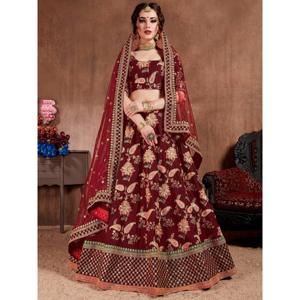Blooming Dark Maroon Colored Nupcial Desgaste Diseñador Bordado Lehenga choli - Product Image 5