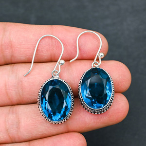 Boucles d'oreilles personnalisées en argent sterling 925 avec topaze bleue créée en laboratoire, 1,9 pouce, bijoux en pierres précieuses faits à la main, boucles d'oreilles fines antiques, cadeau pour femme - Product Image 2