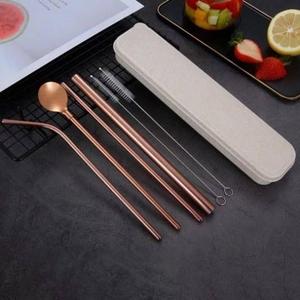 Reusable <b>Metal</b> Drinking <b>Straws</b> Set 4 Pack Rose Gold Minimalist Cocktail Bar Accessories with Cleaning Brush and Carry Case - Product Image 1