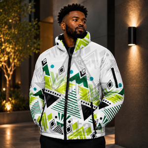 Heritage Masonic Regalia Men Geometric Print Puffer <b>Jacket</b> Windproof Winter Outerwear Stand Collar Zipper Closure Sporty Style - Product Image 2