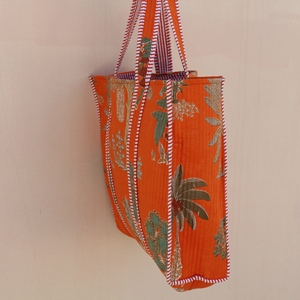 Premium Orange Quilted 100% Cotton <b>Medium</b> Size Tote <b>Bag</b> Long Handle Nature-Inspired Print Lightweight Travel Shopping <b>Bag</b> - Product Image 4