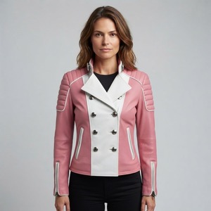 Women's Pink White Color Blocked Genuine Leather Motorcycle Jacket Double Breasted Stand Collar Full Sleeve Biker <b>Coat</b> Autumn Ou - Product Image 2