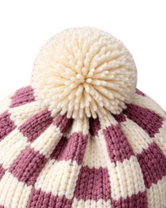 Gorro de Punto Personalizado con Diseño a Cuadros Morado y Blanco, Gorro de Invierno Cálido con Pompón, Gorro de Punto Grueso Unisex, Gorro con Logo Personalizado, Proveedor OEM - Product Image 5