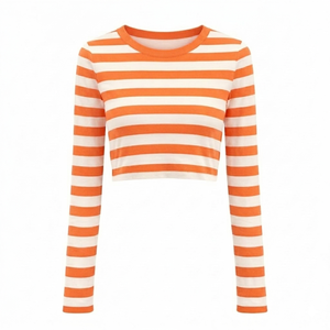 Camiseta corta personalizada para mujer con rayas blancas y naranjas, manga larga, ligera, de algodón suave, camiseta de verano, top moderno y elegante. - Product Image 1