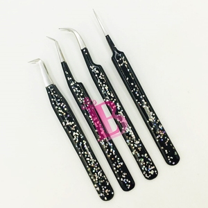 Black Color With Glitter Eyelash Tweezers Anti Slip Best Stainless Steel Lash Extension Tweezers <b>Set</b> Sustainable Mink Low MOQ - Product Image 4