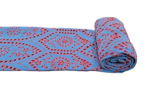 Tela de Punto Elástica de Primera Calidad, Color Azul, con Bordado y Recortes Rojos, Diseño Geométrico de Arco y Medallón, para Vestidos - Product Image 4