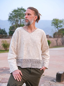 Handmade <b>Men</b> Khadi Cotton Shirt Long Sleeve V Neck T-shirt White Boho Top Breathable Organic Cotton Loose Fit Casual Shirt - Product Image 6