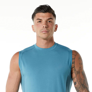 Camiseta sin Mangas Premium de Cuello Alto para Hombre, Corte Ajustado con Abertura en el Hombro que Realza la Figura, Transpirable, 100% Algodón, Azul Laguna - Product Image 5