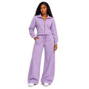 Ensemble de détente pour femme avec sweat-shirt à col rabattu et pantalon palazzo à cordon de serrage, pour usage quotidien - Product Image 1