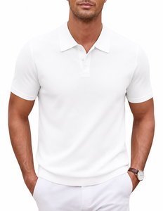 Polo en piqué de coton blanc à manches courtes pour homme, décontracté, respirant, tricoté, design uni, coupe classique - Product Image 1
