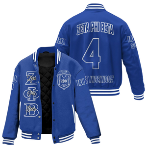 แจ็คเก็ตวาร์ซิตี้ ปักตราสัญลักษณ์ Zeta Phi Beta ตัวอักษร ZPB แบบเย็บติด  ผ้าขนสัตว์ด้านล่าง  แบบลำลอง  ขอบยางยืด  บุผ้าควิลท์  แจ็คเก็ต Divine Nine - Product Image 5