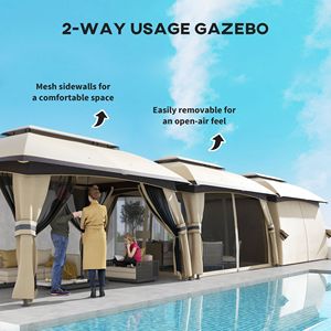 10x13ft Beige Covered Gazebo with Netting Side Walls & 2 Vented <b>Roofs</b> Patio <b>Canopy</b> & Pergola Shelter - Product Image 5