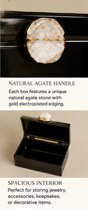 Coffret de rangement pour bijoux en verre noir avec poignée en agate naturelle, bordure plaquée or, finition haute brillance, organisateur décoratif pour souvenirs - Product Image 3