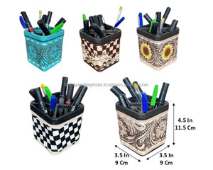 Multifunctional Desktop Storage Pen Holder Hand Tooled Genuine Leather <b>Organizer</b> Pen Stand Pen Holder Pencil Cup <b>Desk</b> <b>Organizers</b> - Product Image 2