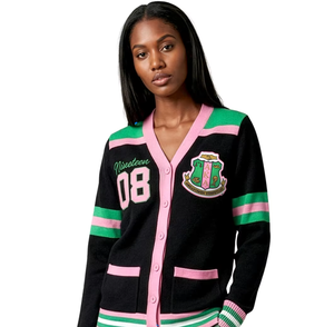 Cardigan anti-rides en tricot pour femme, collection Printemps-Hiver 1908, noir et rose, avec broderie chenille, style Sororité Grecque - Product Image 3