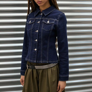 Veste en jean de haute qualité pour femmes, veste en jean courte de couleur unie, veste en jean décontractée à manches longues pour femmes - Product Image 1