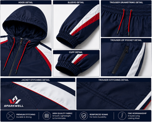 Custom <b>Men</b> Navy Red <b>White</b> Color Block Hooded Tracksuit Full Zip <b>Jacket</b> Drawstring Pants Polyester Regular Fit Autumn Sportswear - Product Image 6