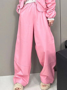Nouveau pantalon décontracté pour femme automne, style streetwear, en cuir véritable de mouton, taille haute élastique, pantalon large tendance pour femme - Product Image 2