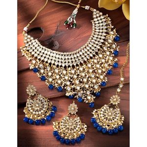 Conjunto de Collar y Pendientes de Aleación Chapada en Oro Antiguo con Cuentas Azules y Circones, Joyería Étnica para Bodas para Mujer - Product Image 3