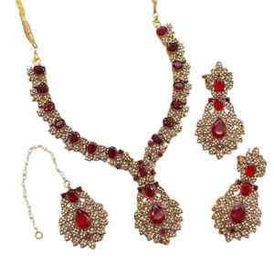 Nouveaux ensembles de bijoux traditionnels indiens et pakistanais plaqués or 18 carats pour femmes, collier, boucles d'oreilles et bijou de tête tendance pour cadeaux de mariage - Product Image 1