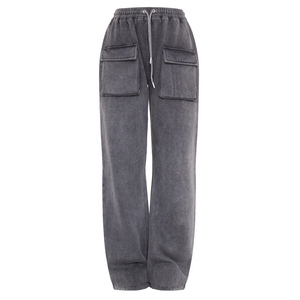 Pantalon de survêtement gris pour homme, coupe large, taille élastique avec cordon de serrage, poches latérales, décontracté, pour l'automne, 100 % coton, délavage sable, tricoté mi-lourd - Product Image 5