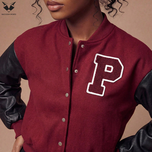 Chaqueta Varsity para Mujer Hecha a Mano 2026, Mangas de Cuero PU Color Granate, Bordado 'Happy Freedom' en la Espalda, para Otoño, Corte Regular - Product Image 4