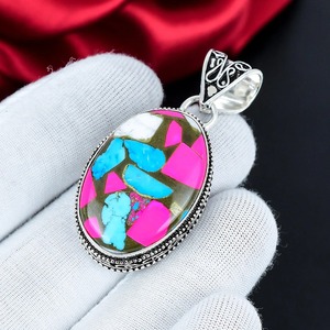 Pendentif mosaïque rose vif, bleu turquoise, argent sterling 925, fait main, ovale, bijoux bohèmes en pierres précieuses - Product Image 3