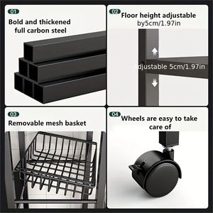 Scaffale Mobile da Cucina a 4 Livelli con 3 Cestelli in Acciaio al Carbonio e Ruote Scorrevoli Universali - Product Image 5